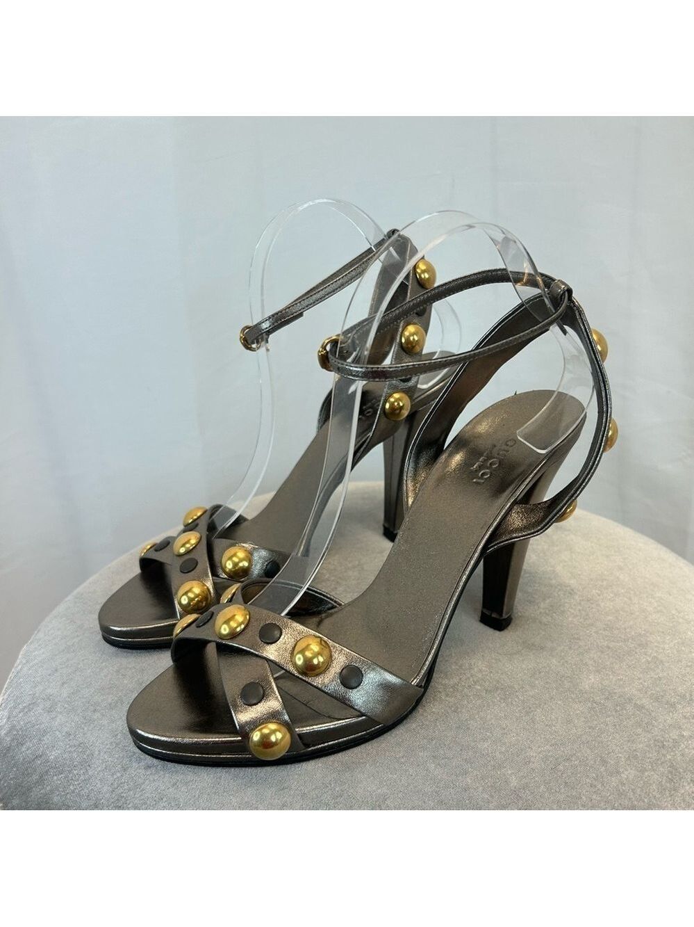 Gucci dark gray metallic chrome gold studded strappy high heel sandal pumps 39